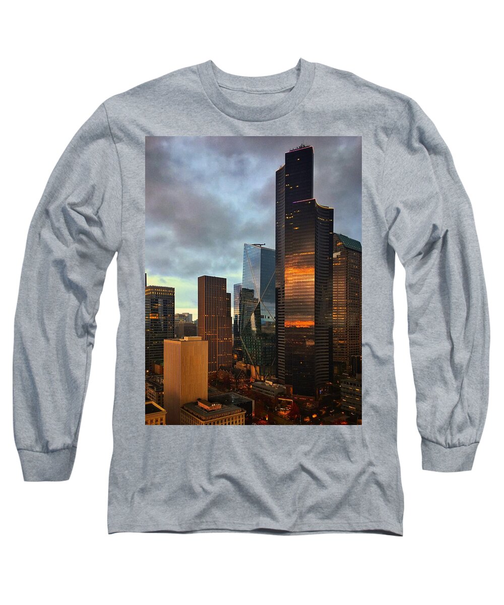 Seattle Long Sleeve T-Shirt featuring the photograph Seattle Skyline Sunset Reflection by Jerry Abbott