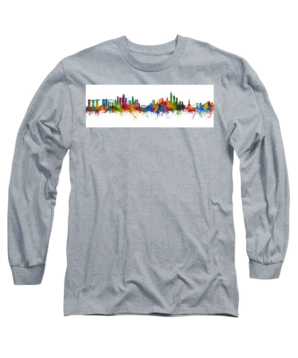 Singapore Long Sleeve T-Shirt featuring the digital art Singapore and New York Skylines Mashup by Michael Tompsett