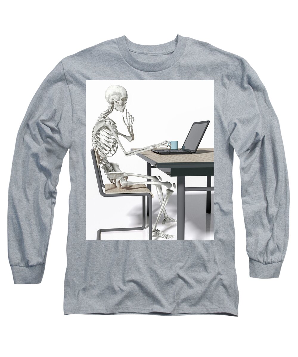 Skeleton Long Sleeve T-Shirt featuring the digital art Stuck at the Office by Betsy Knapp