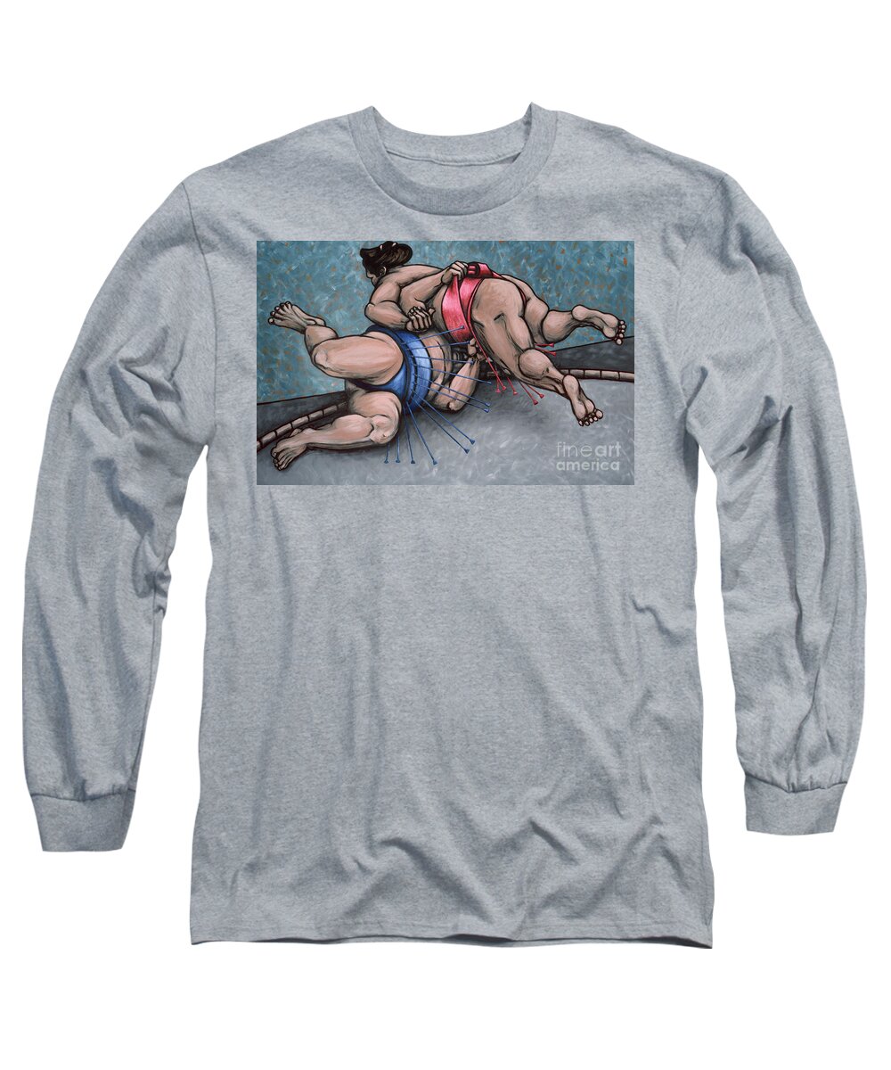Sumo Long Sleeve T-Shirt featuring the painting sumo wrestling sports painting - Sumo Wrestlers IV by Sharon Hudson