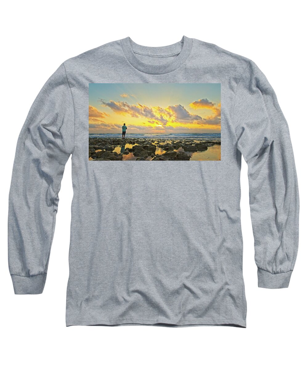 Coral Cove Long Sleeve T-Shirt featuring the photograph Sunrise Surf Fishing by Steve DaPonte
