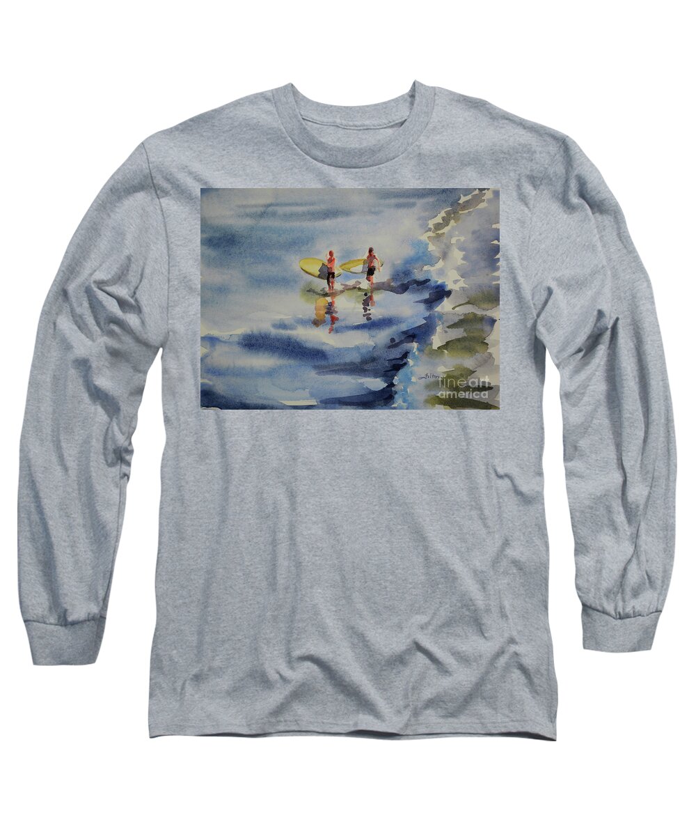 Watercolor Paintings Long Sleeve T-Shirt featuring the painting Surfer boys by Julianne Felton