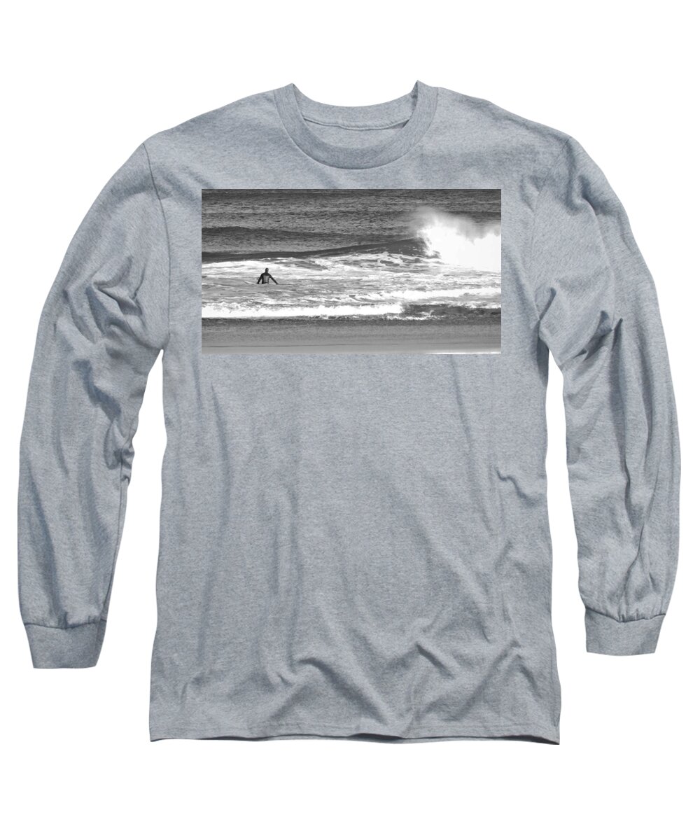 Surfer Long Sleeve T-Shirt featuring the photograph - surfer short sands, York ME. black and white by THERESA Nye
