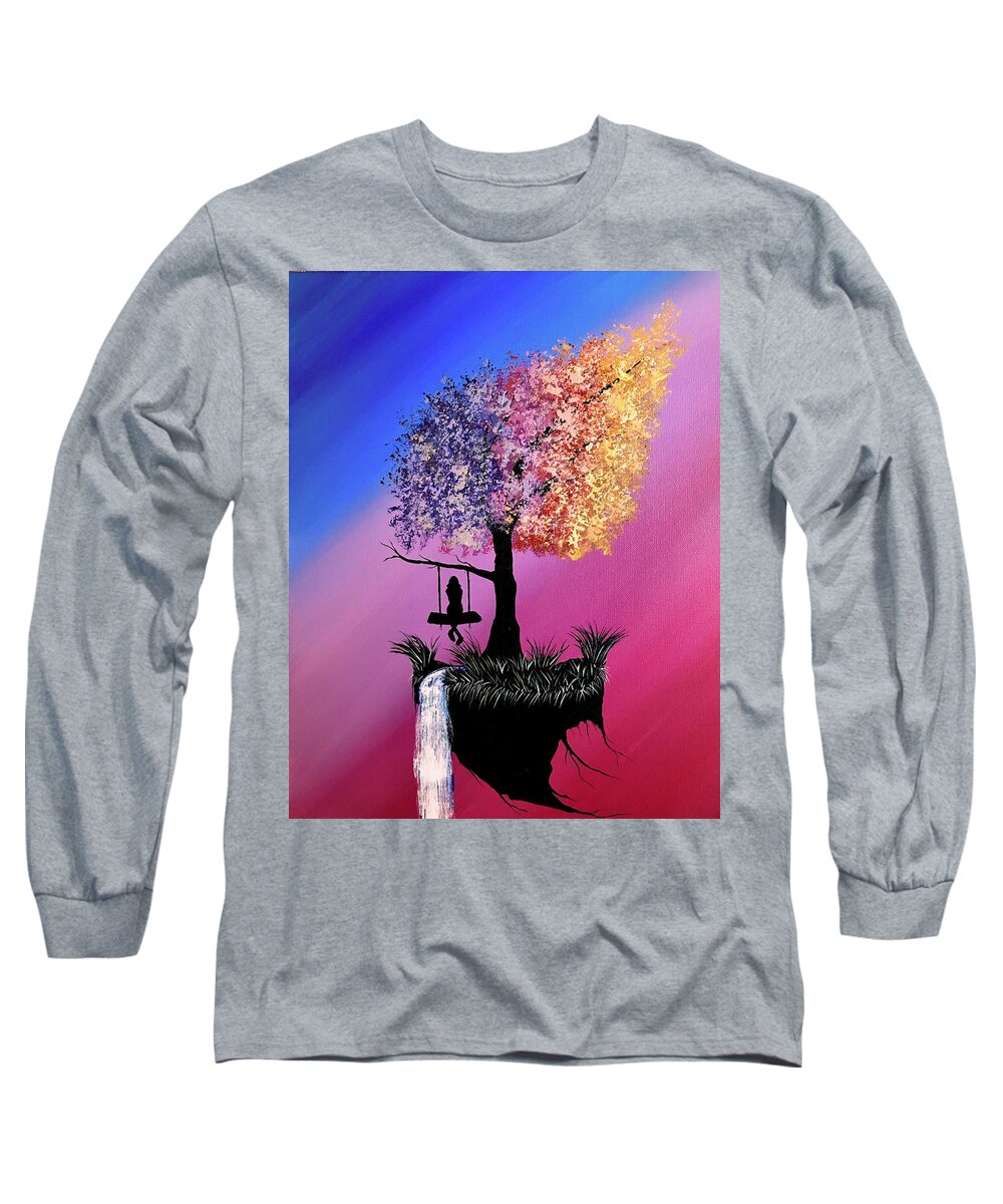 Beautiful Landscape Abstract Art With Multiple Colors. With Colorful Leaves And A Black Tree Long Sleeve T-Shirt featuring the painting Swinging above the falls by Willy Proctor