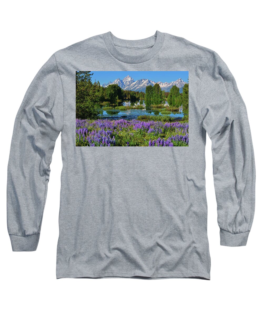 Grand Teton National Park Long Sleeve T-Shirt featuring the photograph Tetons and Lupines by Greg Norrell