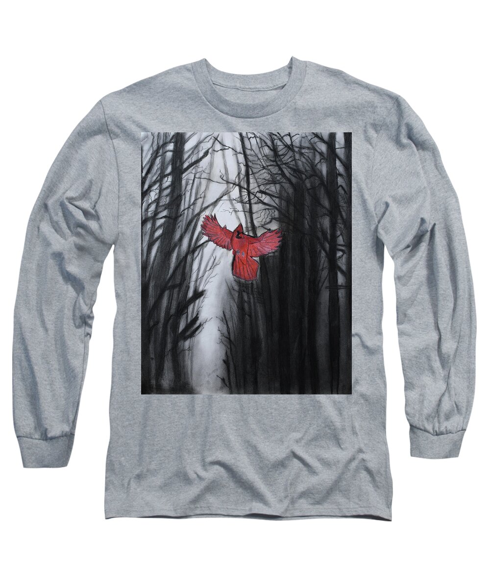 Cardinal Long Sleeve T-Shirt featuring the drawing The Dark Forest by Nadija Armusik