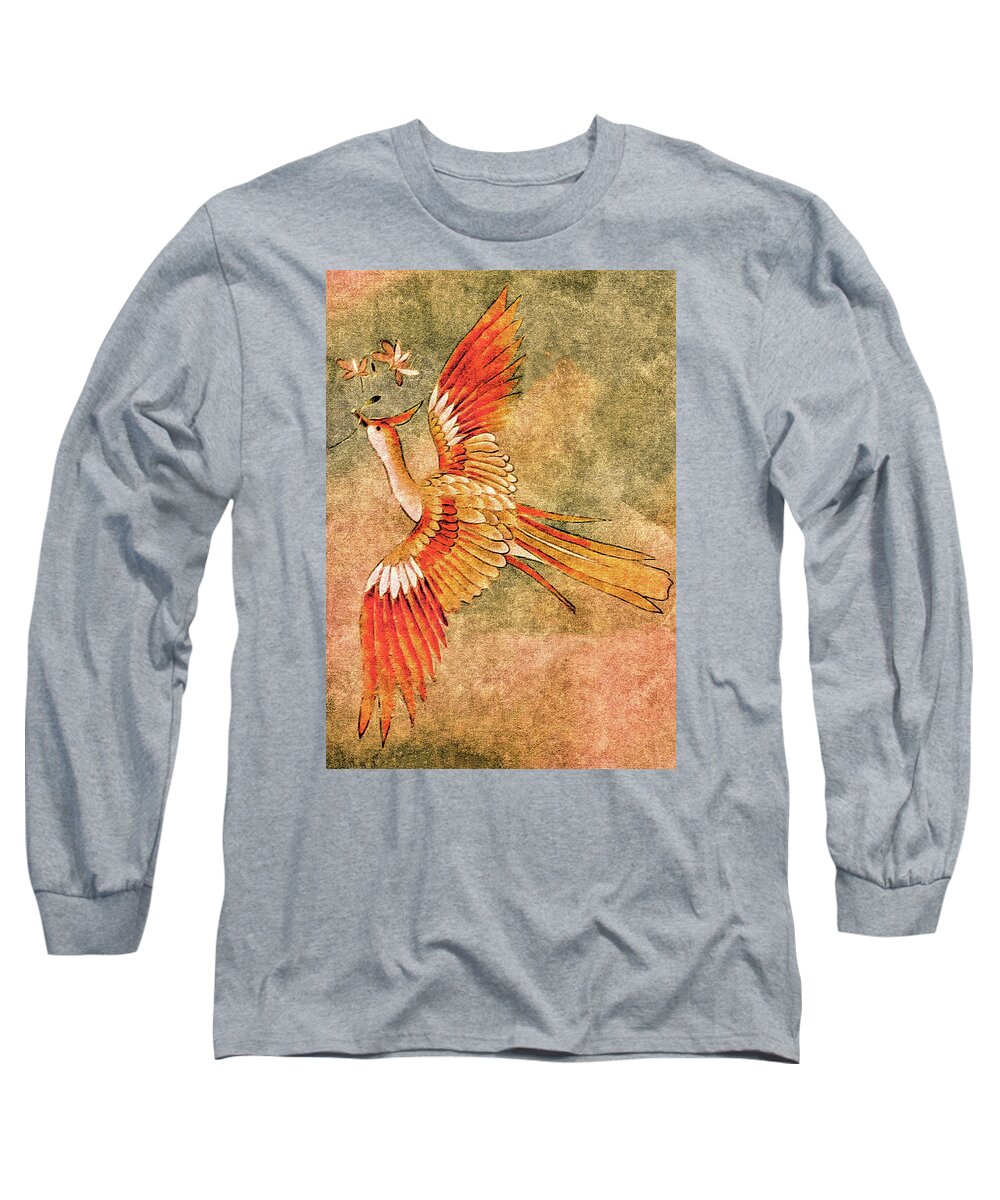 Flying Bird Long Sleeve T-Shirt featuring the tapestry - textile The Peahen's Gift - Kimono Series by Susan Maxwell Schmidt