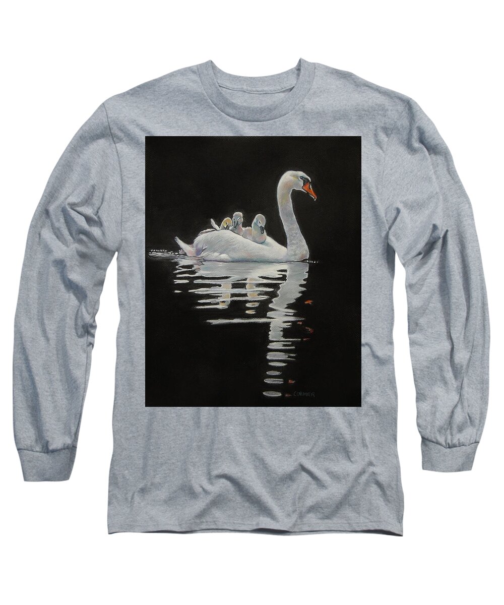 Penne Long Sleeve T-Shirt featuring the drawing The Pen and The Cygnets by Jean Cormier