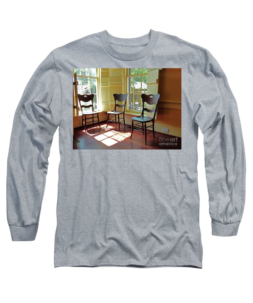 Still Life Long Sleeve T-Shirt featuring the photograph Three Chairs and Sunshine 300 by Sharon Williams Eng