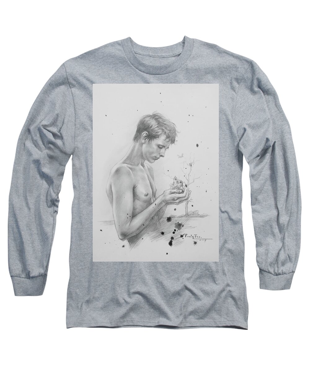 Bird Long Sleeve T-Shirt featuring the drawing Three nestlings by Hongtao Huang