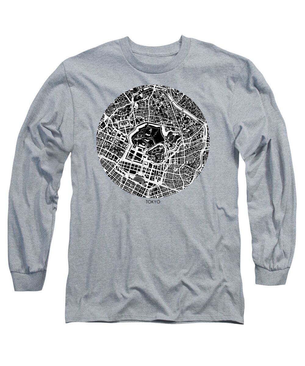 Map Long Sleeve T-Shirt featuring the digital art Tokyo map black and white by Jasone Ayerbe- Javier R Recco