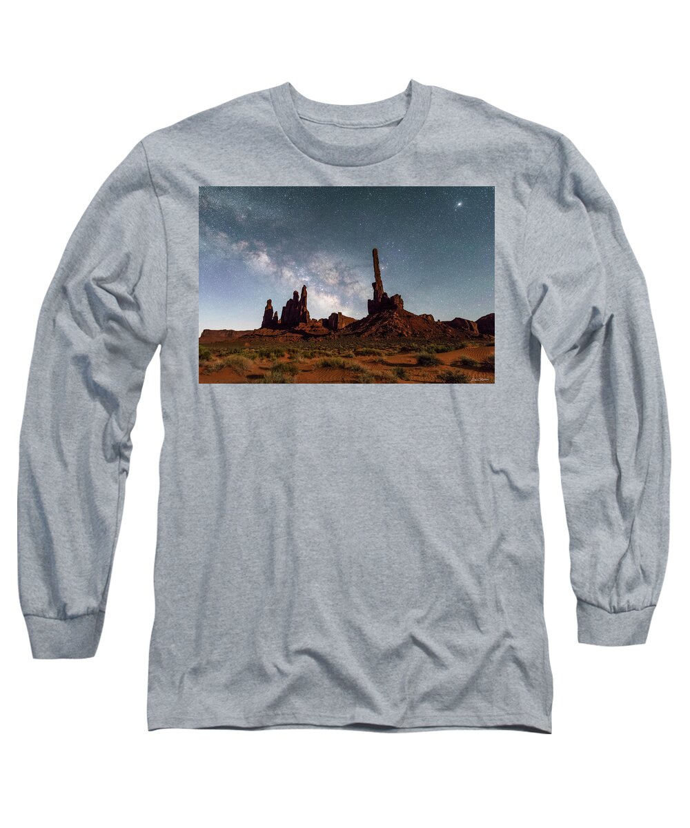 Monument Valley Tribal Park Long Sleeve T-Shirt featuring the photograph Totem Pole, Yei Bi Che and Milky Way by Dan Norris