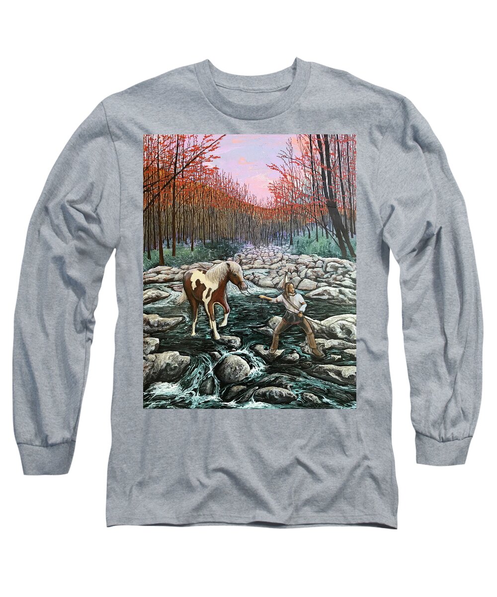 Native American Long Sleeve T-Shirt featuring the painting Uneasy Crossing by Mr Dill