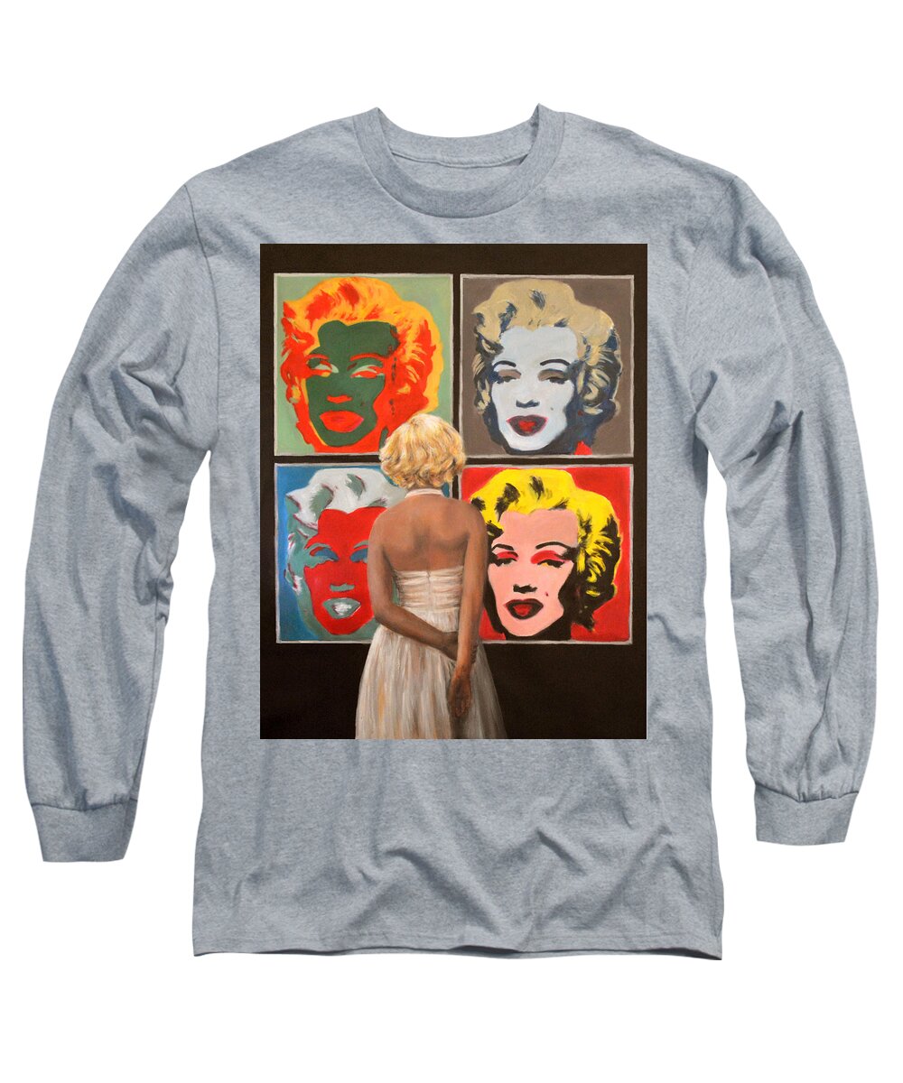  Long Sleeve T-Shirt featuring the painting Watching Warhol Monroe by Escha Van den bogerd