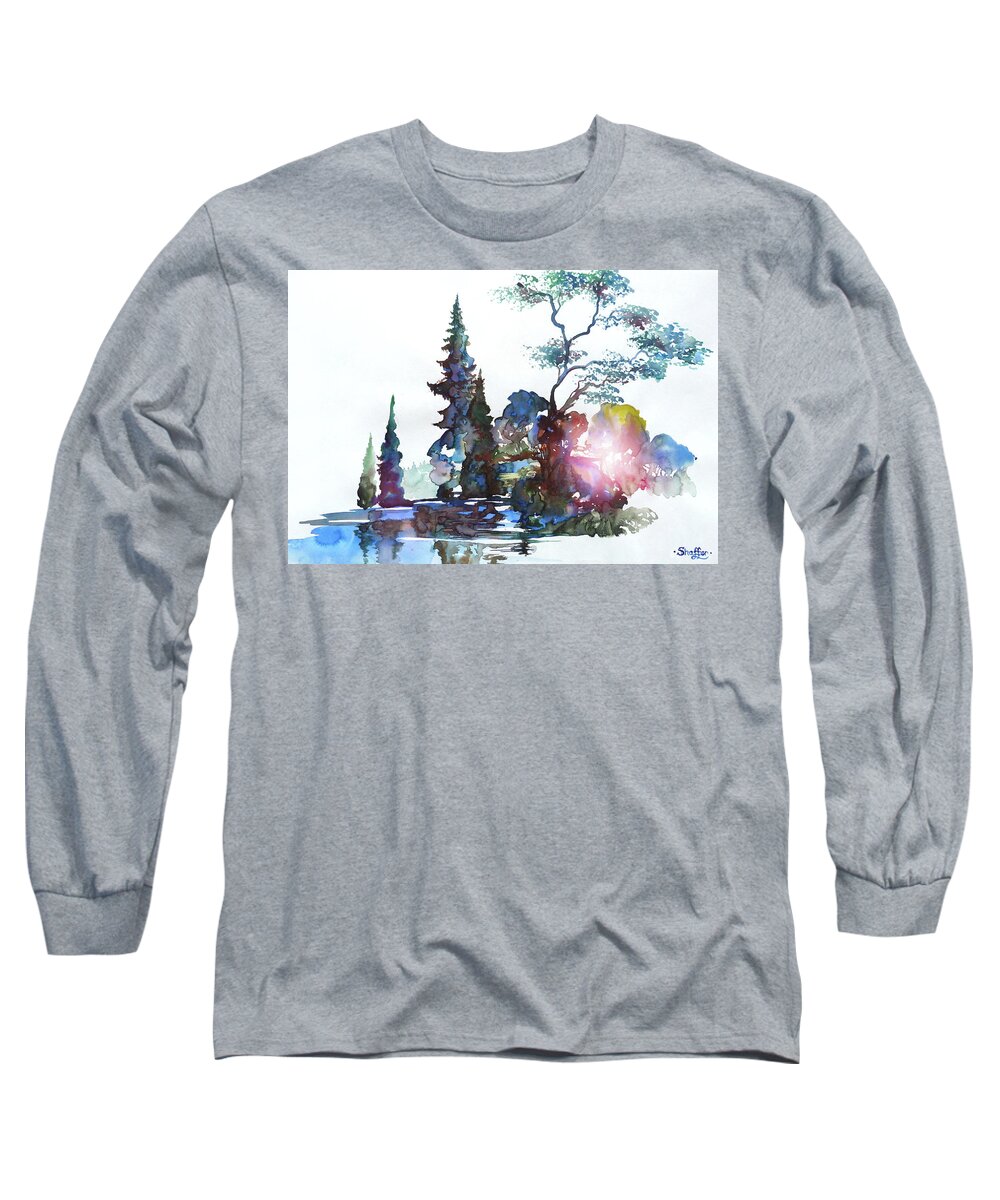 Watercolor Long Sleeve T-Shirt featuring the painting Watercolor Forest and Pond by Curtiss Shaffer