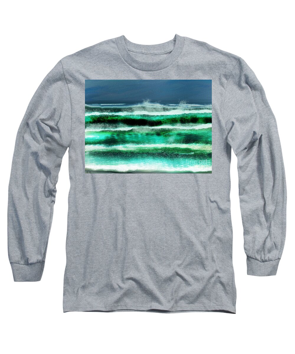 Waves Long Sleeve T-Shirt featuring the digital art ''What a day, to rip the waves '' by Julie Grimshaw
