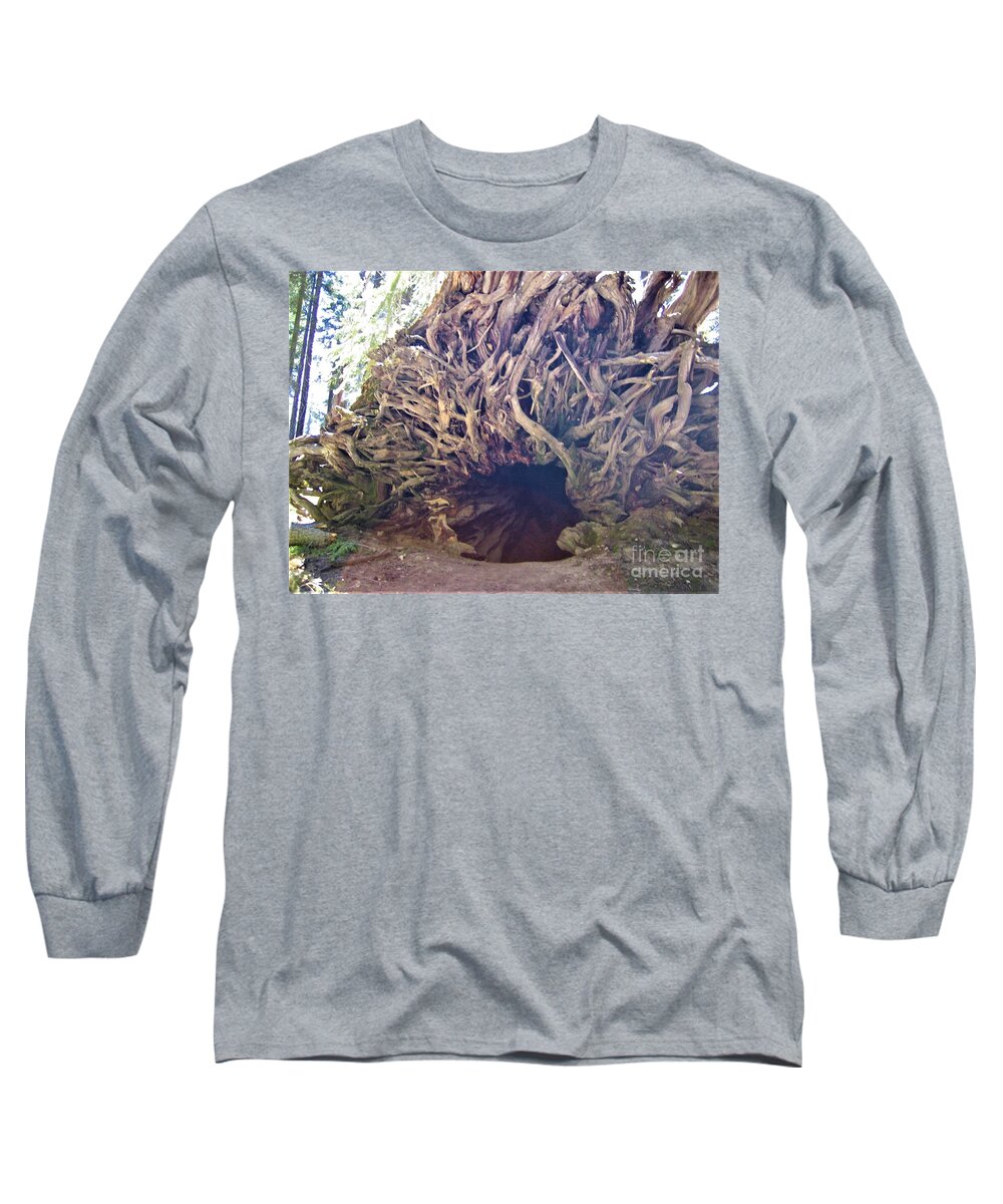 Yosemite Long Sleeve T-Shirt featuring the photograph Yosemite National Park Giant Fallen Tree Trunk with Sun Rays Shining Thru by John Shiron