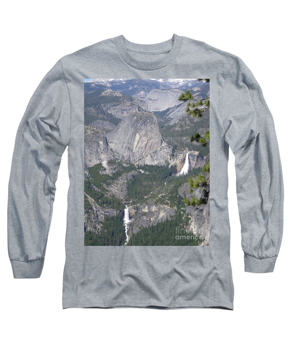Yosemite Long Sleeve T-Shirt featuring the photograph Yosemite National Park Glacier Point Overlooking Twin Water Falls and Snow Capped Mountains by John Shiron