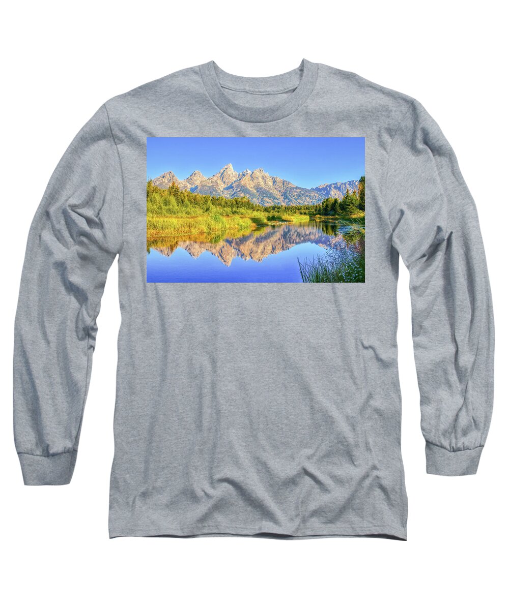 #picoftheday#yellowstone#yellowstonenationalpark#grandtetons#tet Long Sleeve T-Shirt featuring the photograph Grand Teton Mountains with Reflection at Schwabacher Landing in #1 by Peter Ciro