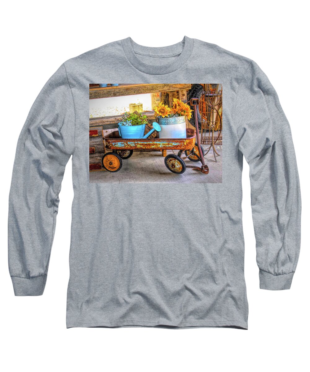 Wagon Long Sleeve T-Shirt featuring the photograph Rusty Red Wagon and Sunflowers  #1 by Floyd Snyder