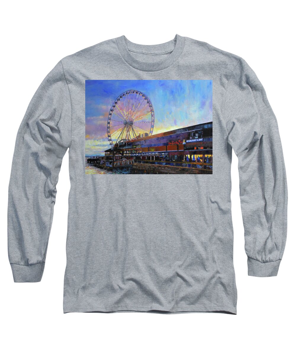Seattle Long Sleeve T-Shirt featuring the mixed media The Great Wheel #2 by Sarah Ghanooni