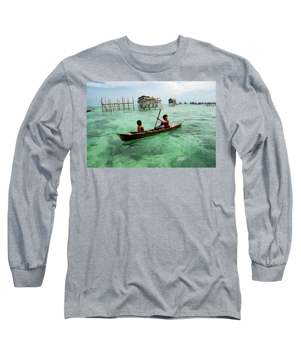 Sea Long Sleeve T-Shirt featuring the photograph Neptune's Children - Sea Gypsy Village, Sabah. Malaysian Borneo by Earth And Spirit