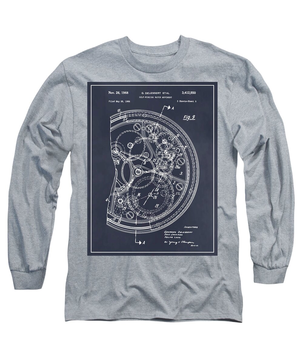 1966 Self Winding Watch Movement Patent Print Long Sleeve T-Shirt featuring the drawing 1966 Self Winding Watch Movement Blackboard Patent Print by Greg Edwards