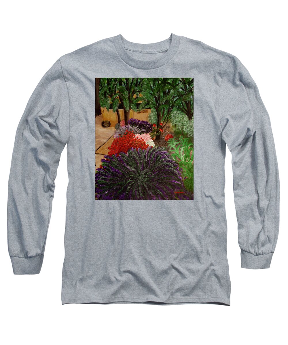 Floral Long Sleeve T-Shirt featuring the painting A Garden to Remember by Donna Manaraze