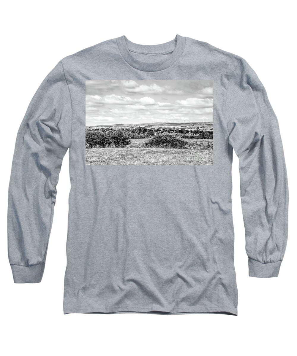 Digital Art Long Sleeve T-Shirt featuring the photograph A monochrome view of the Scout Moor Wind Farm looking from Heywood, Greater Manchester. by Pics By Tony