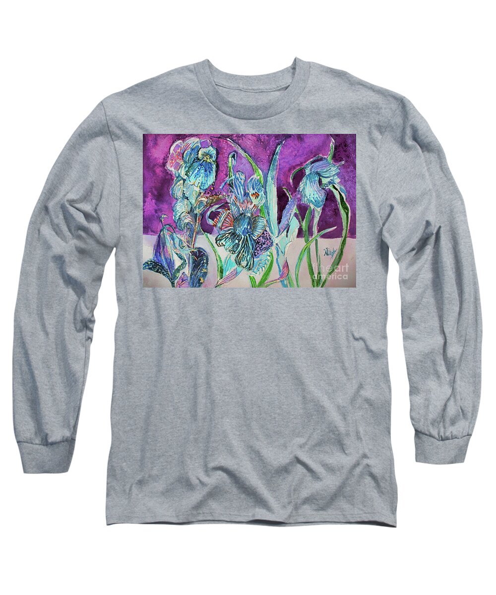 Flower Long Sleeve T-Shirt featuring the painting A Wild Iris Party by Mindy Newman