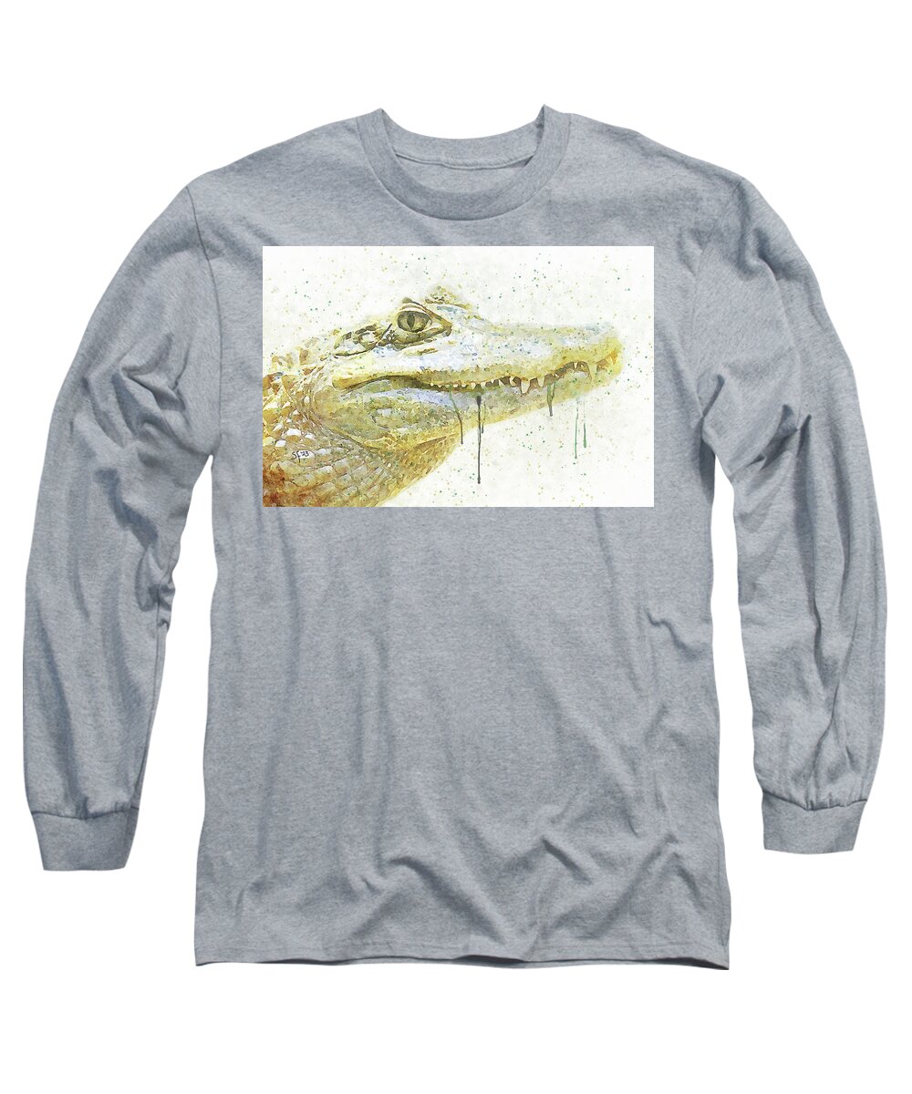 Alligator Long Sleeve T-Shirt featuring the mixed media Alligator Smile Watercolor Painting by Shelli Fitzpatrick