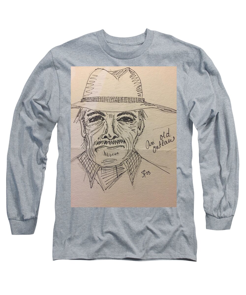 Old Man Long Sleeve T-Shirt featuring the mixed media An Old Outlaw-rough sketch by Shelli Fitzpatrick