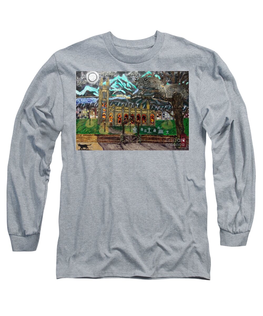 Church Long Sleeve T-Shirt featuring the mixed media An Owl with a View by David Westwood