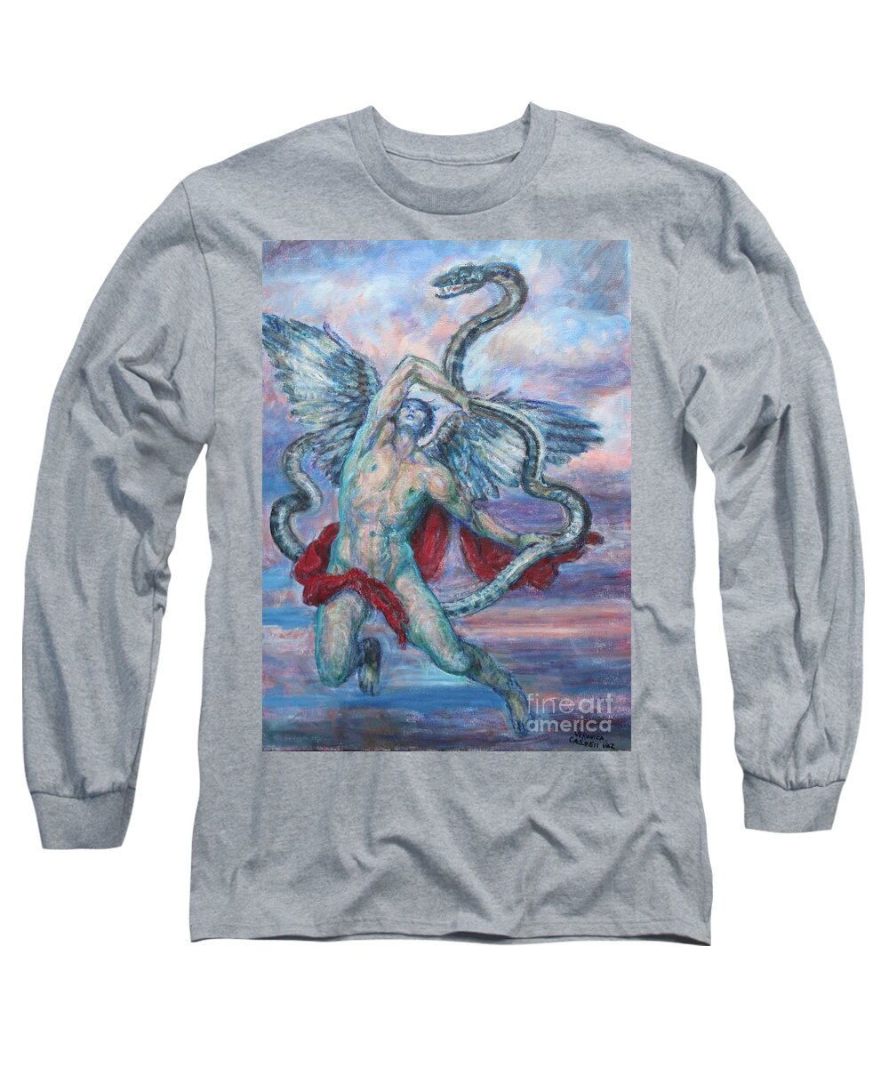 Angel Long Sleeve T-Shirt featuring the painting Angel Fighting Evil by Veronica Cassell vaz