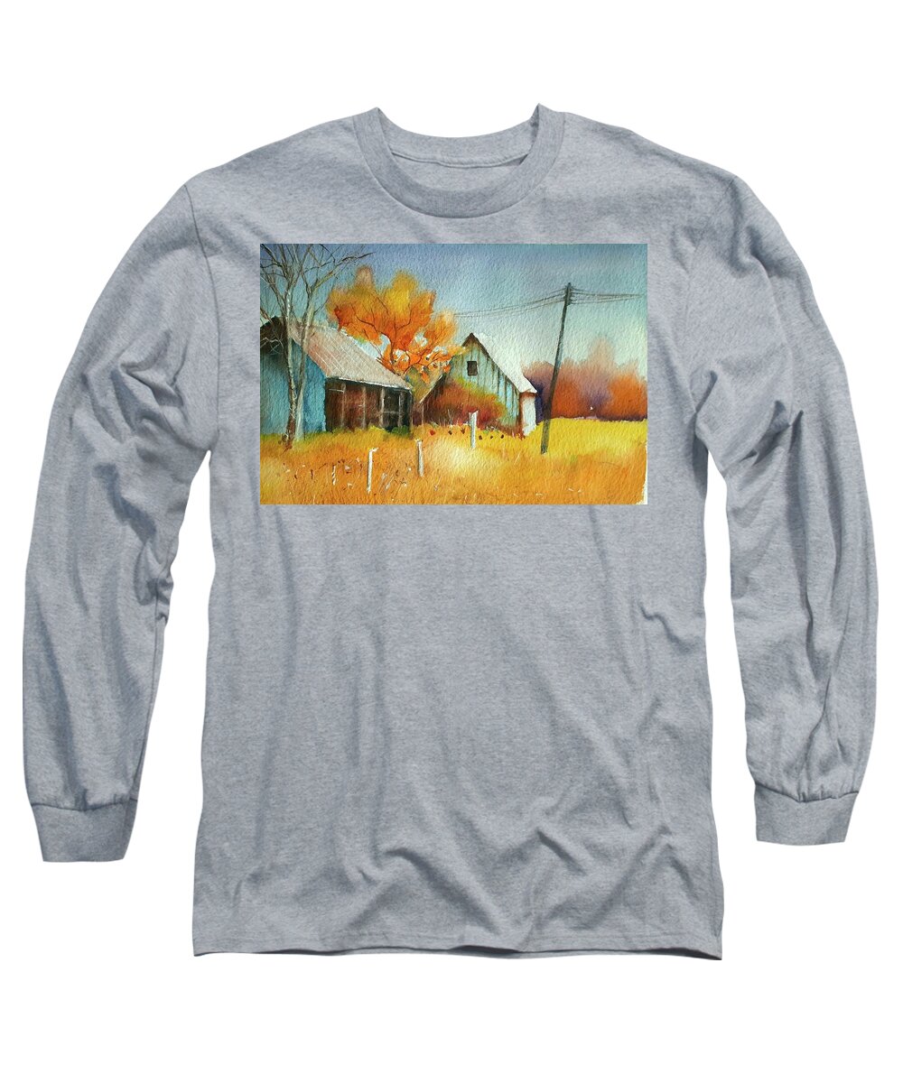 Watercolors Long Sleeve T-Shirt featuring the painting Autumn in the old Farm by Carolina Prieto Moreno