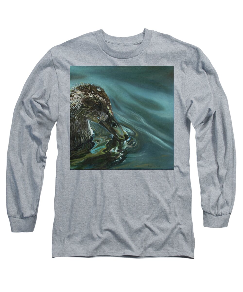 #duck #bathing #water #lake #ducks #droplets #nature #landscape #swim #blue #brown #feathers Long Sleeve T-Shirt featuring the painting Bathing Duckline by Stella Marin