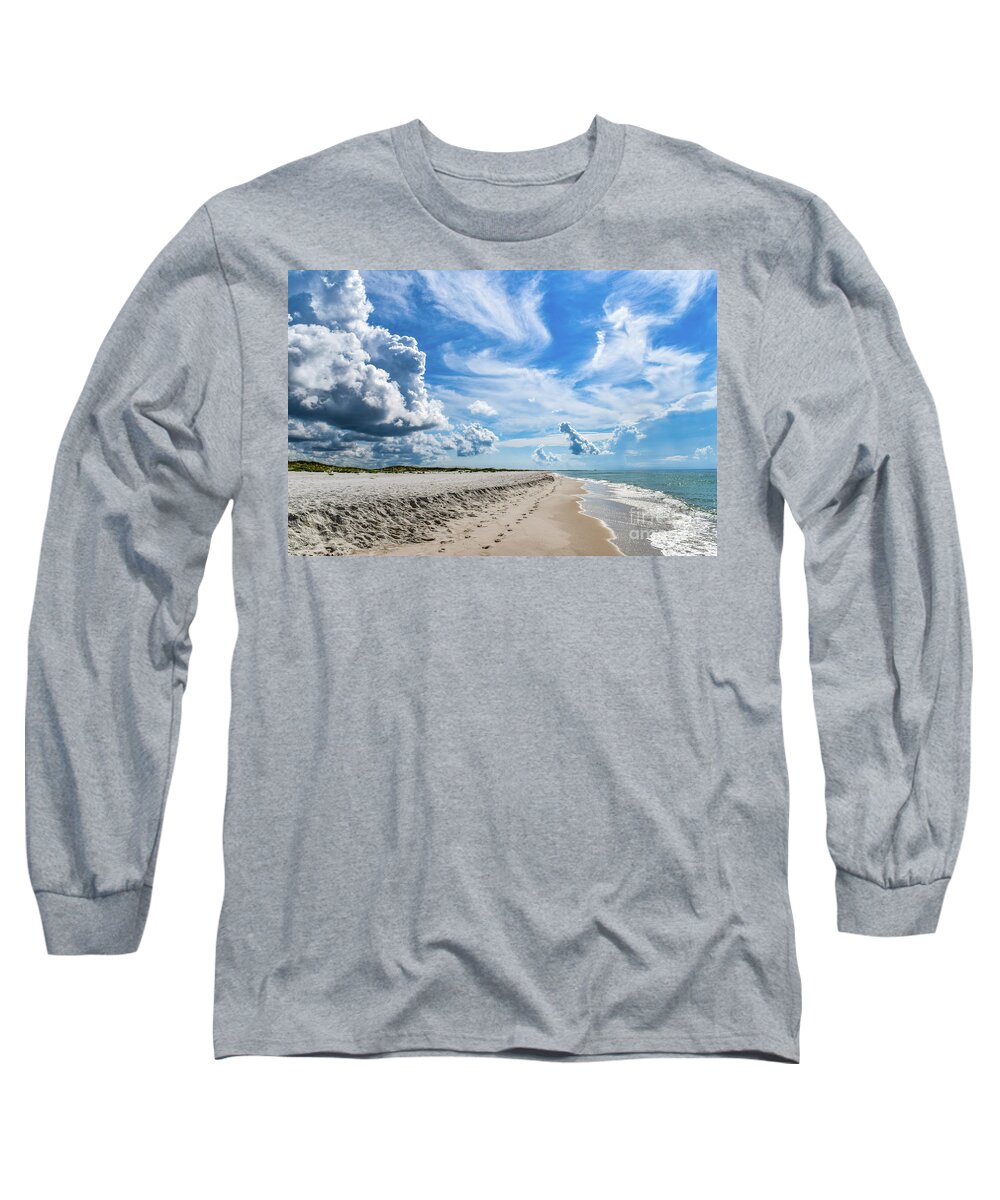 Footprints Long Sleeve T-Shirt featuring the photograph Beautiful Beach with Footprints in the Sand by Beachtown Views