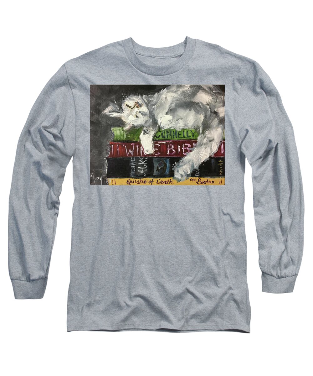 Sleepy Cat Long Sleeve T-Shirt featuring the painting Biblio Cat by Roxy Rich