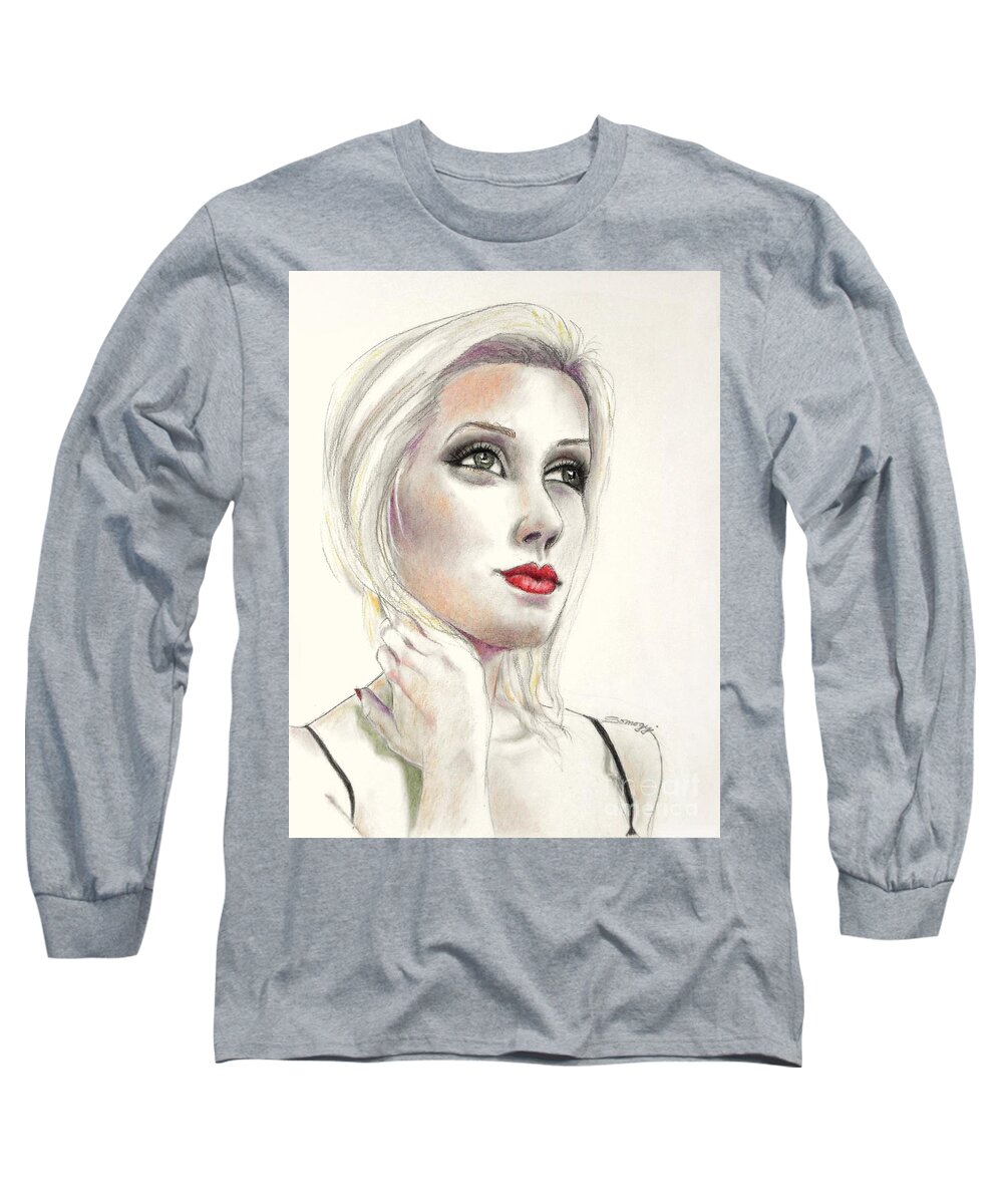 Blond Long Sleeve T-Shirt featuring the drawing Blond Bombshell No.3 by Jayne Somogy