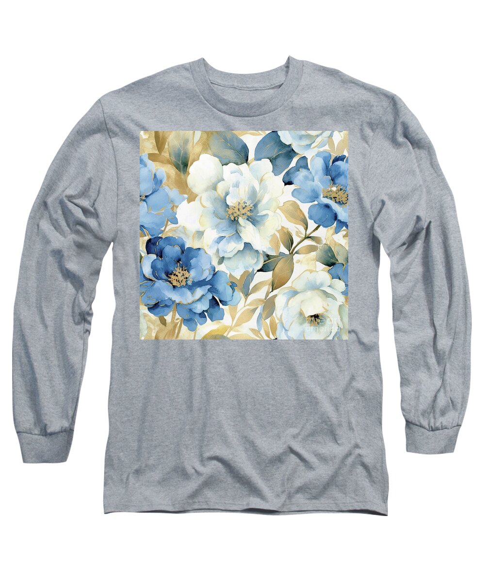 Botanical Flowers Long Sleeve T-Shirt featuring the painting Blue Botanicals by Tina LeCour