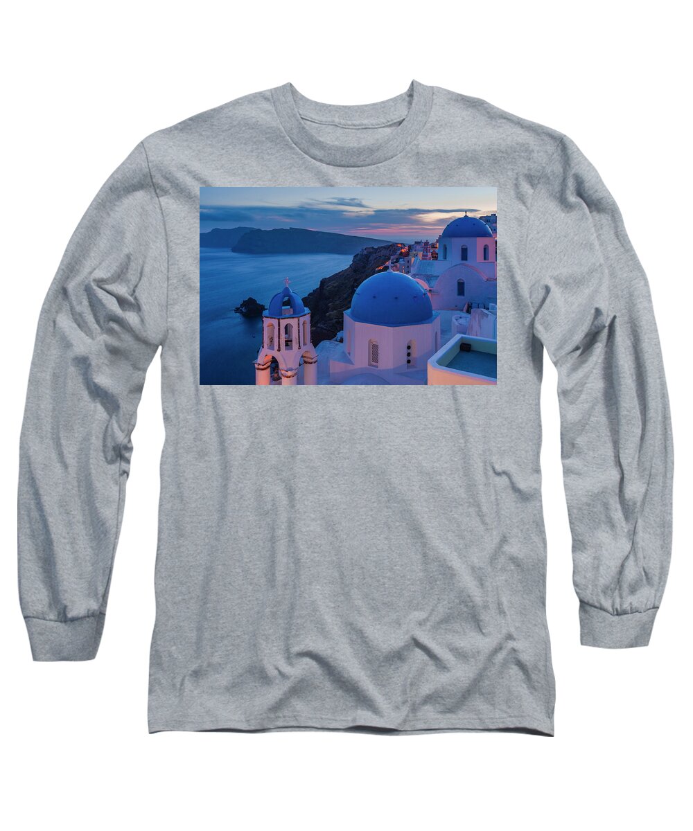 Aegean Sea Long Sleeve T-Shirt featuring the photograph Blue Domes Of Santorini by Evgeni Dinev