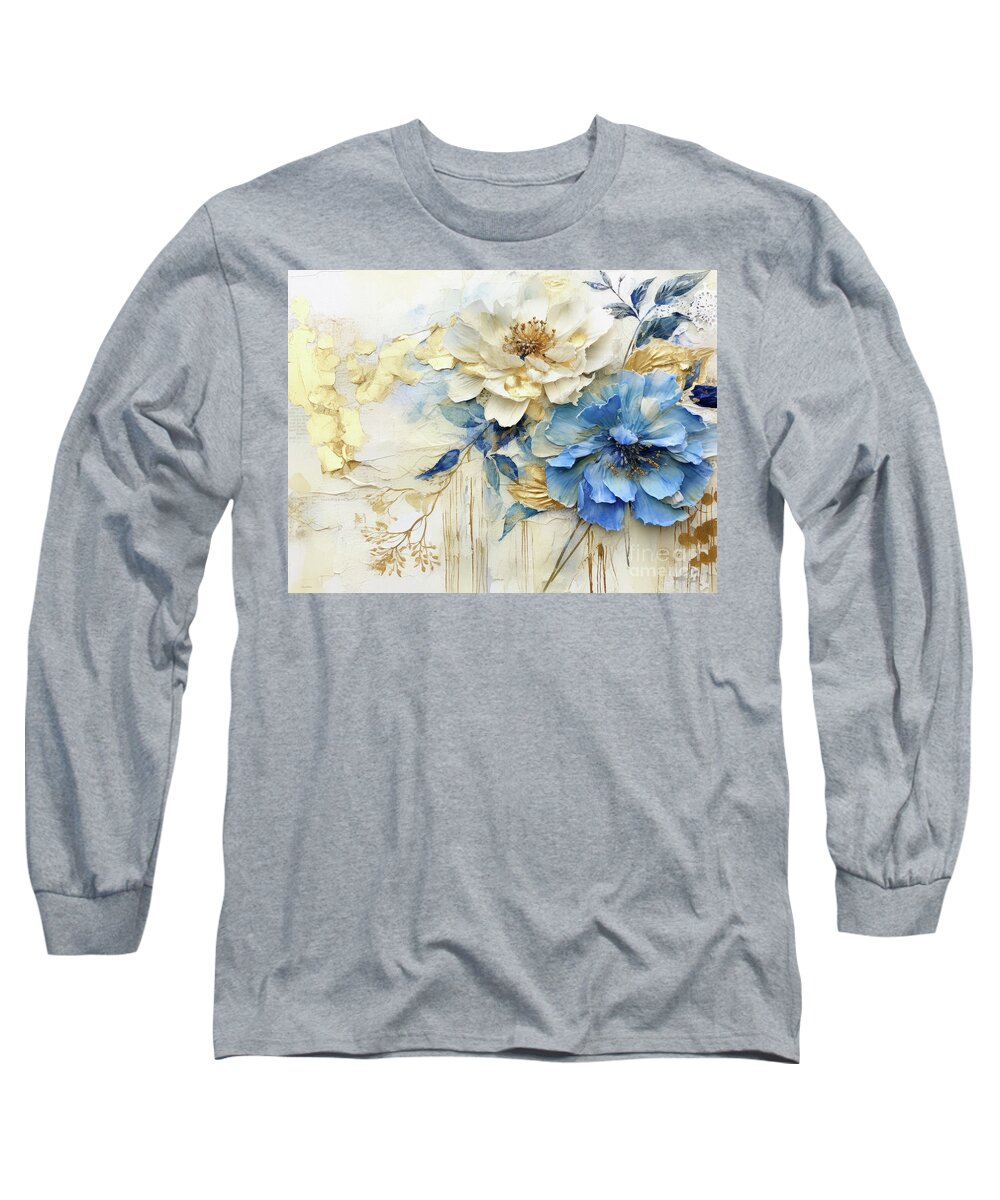 Peony Flowers Long Sleeve T-Shirt featuring the painting Blue Elegance by Tina LeCour