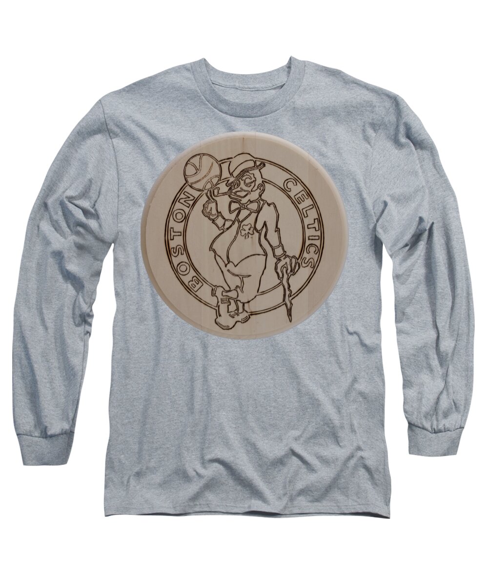 Wood Burned Art Long Sleeve T-Shirt featuring the pyrography Boston Celtics est 1946 by Sean Connolly