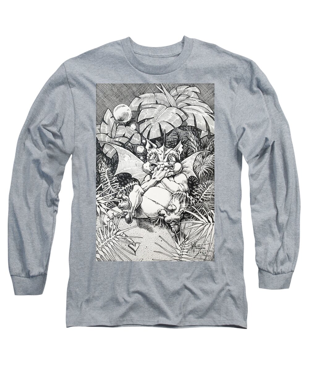 Dragon Long Sleeve T-Shirt featuring the drawing Burping Dragon by Merana Cadorette