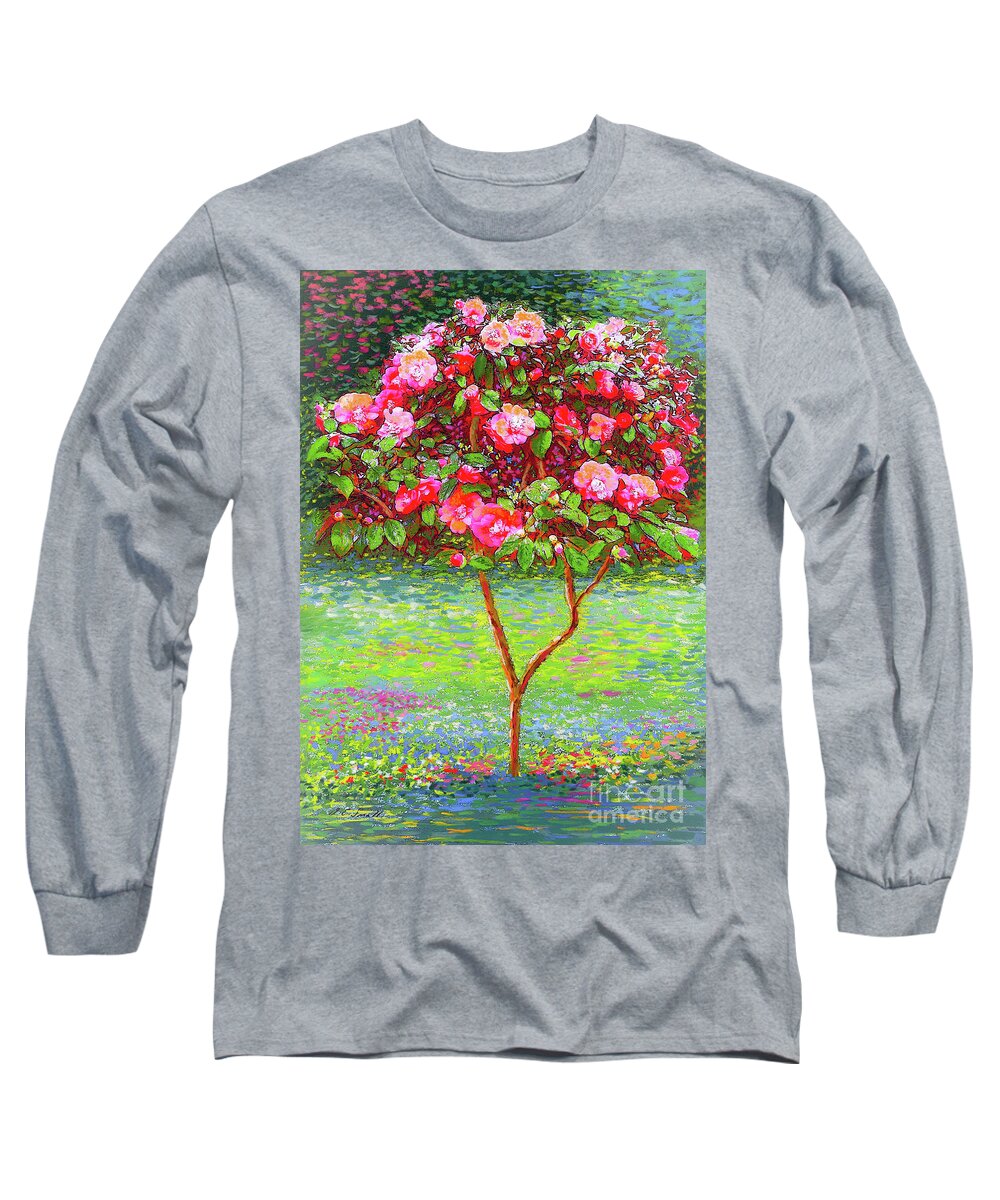 Floral Long Sleeve T-Shirt featuring the painting Camellia Passion by Jane Small
