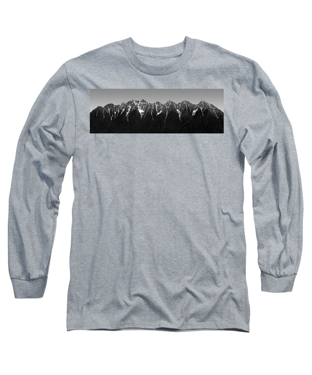 617 Long Sleeve T-Shirt featuring the photograph Canadian Rockies abstract panorama black and white by Sonny Ryse