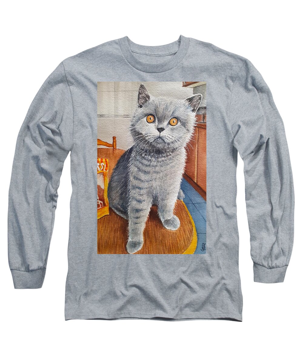 Watercolors Long Sleeve T-Shirt featuring the painting Cat in the Kitchen by Carolina Prieto Moreno