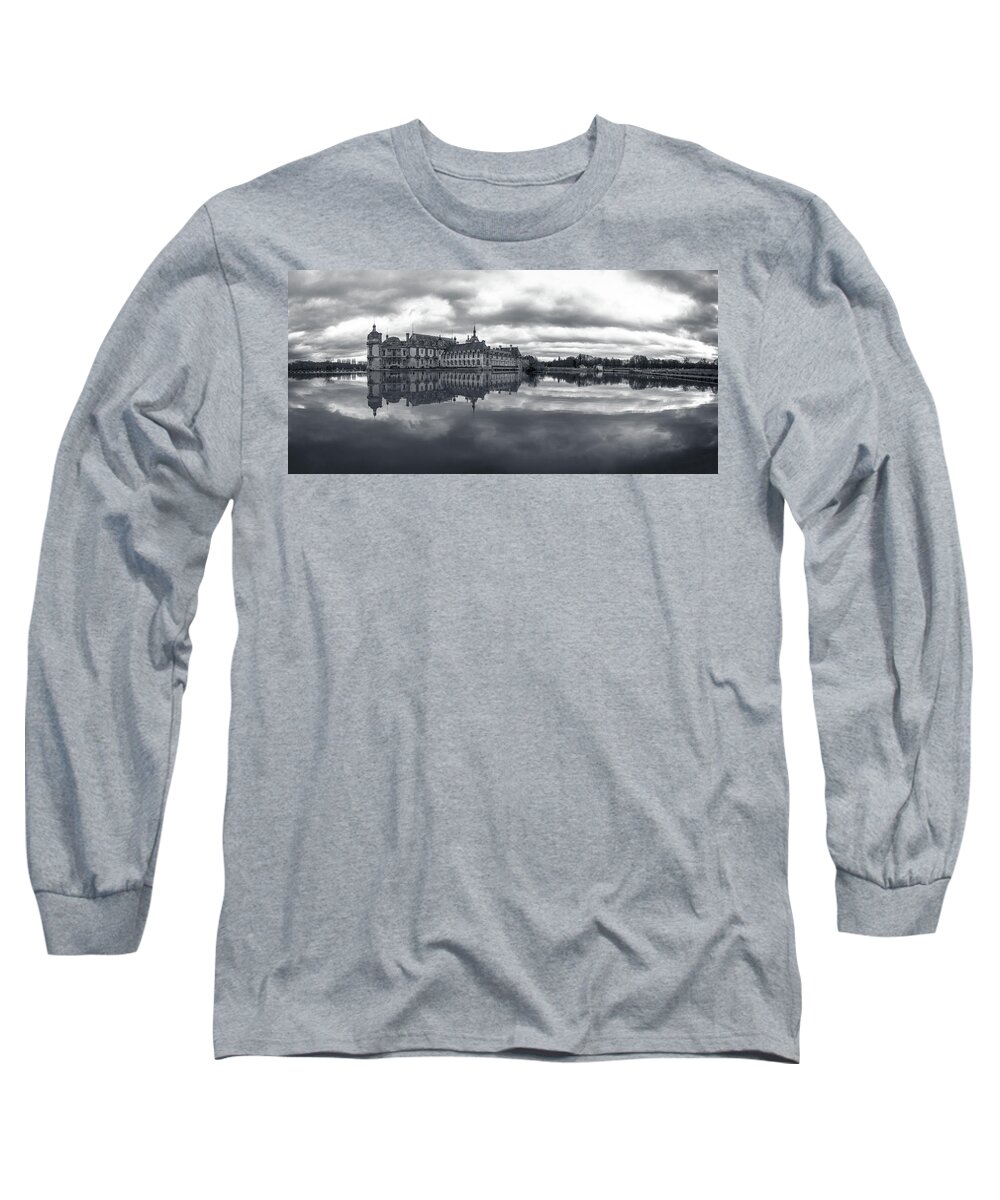 Ancient Long Sleeve T-Shirt featuring the photograph Chantilly Castle and pond, black and white panorama by Jean-Luc Farges