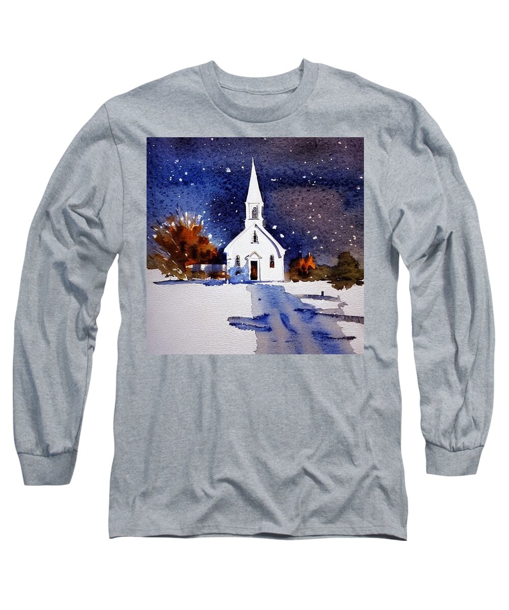 Chapel Long Sleeve T-Shirt featuring the painting Chapel on a Winter's Morn, New Jersey by Christopher Lotito