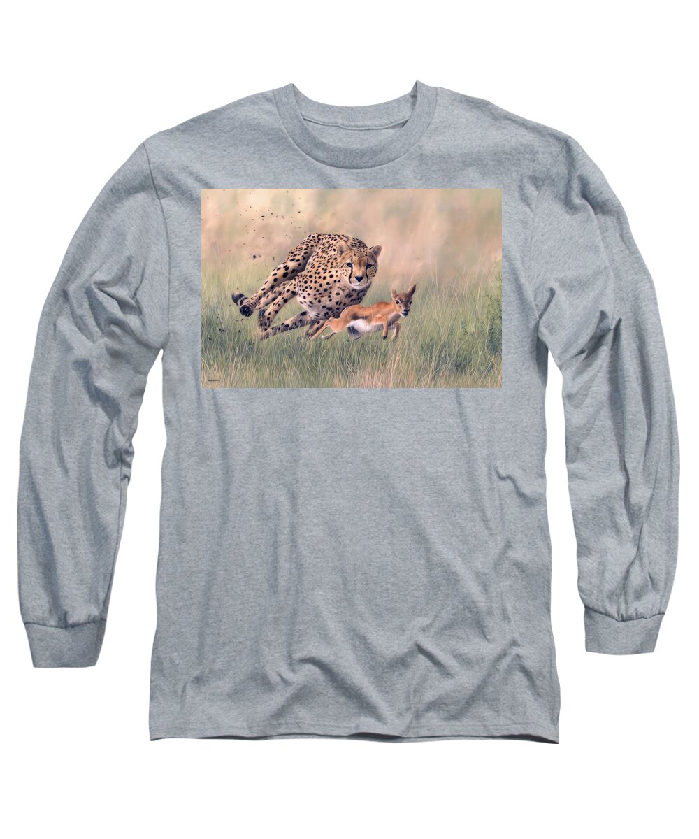 Cheetah Long Sleeve T-Shirt featuring the painting Cheetah and Gazelle Painting by Rachel Stribbling